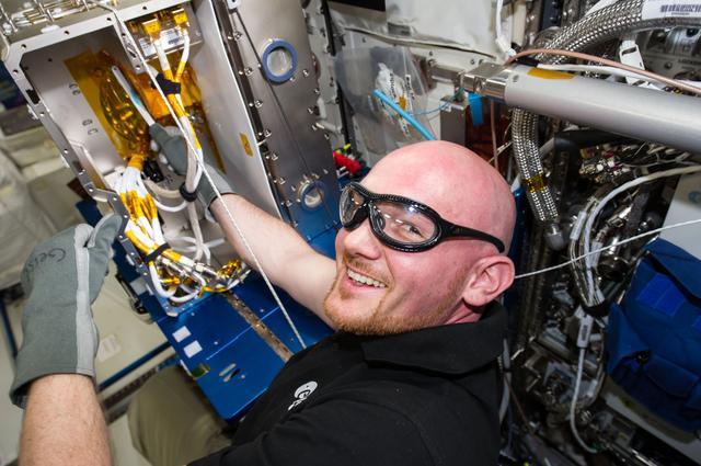 NASA image: Gerst works with the EML hardware in the Columbus Module