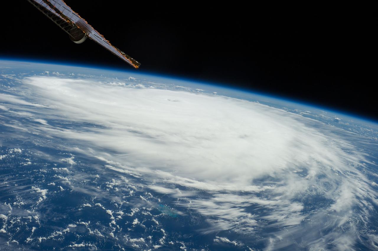 ISS041-E-011814  (16 Sept. 2014) ---  Though having been upgraded from a tropical storm to a  Category 2 hurricane, the Atlantic-borne Edouard thus far has avoided land interests as it reached maximum sustained winds of 105 miles per hout, churning  in ocean waters several hundred miles southeast of Bermuda.  The Expedition 41 crew members onboard the International Space Station photographed and distributed a series of images via station-to-ground downlinks and via social media.  This photo was taken at 15:29:04 GMT on Sept. 16, 2014. Though it had well-defined eye at this juncture, the eye does not show clearly in this image, as it does in others.