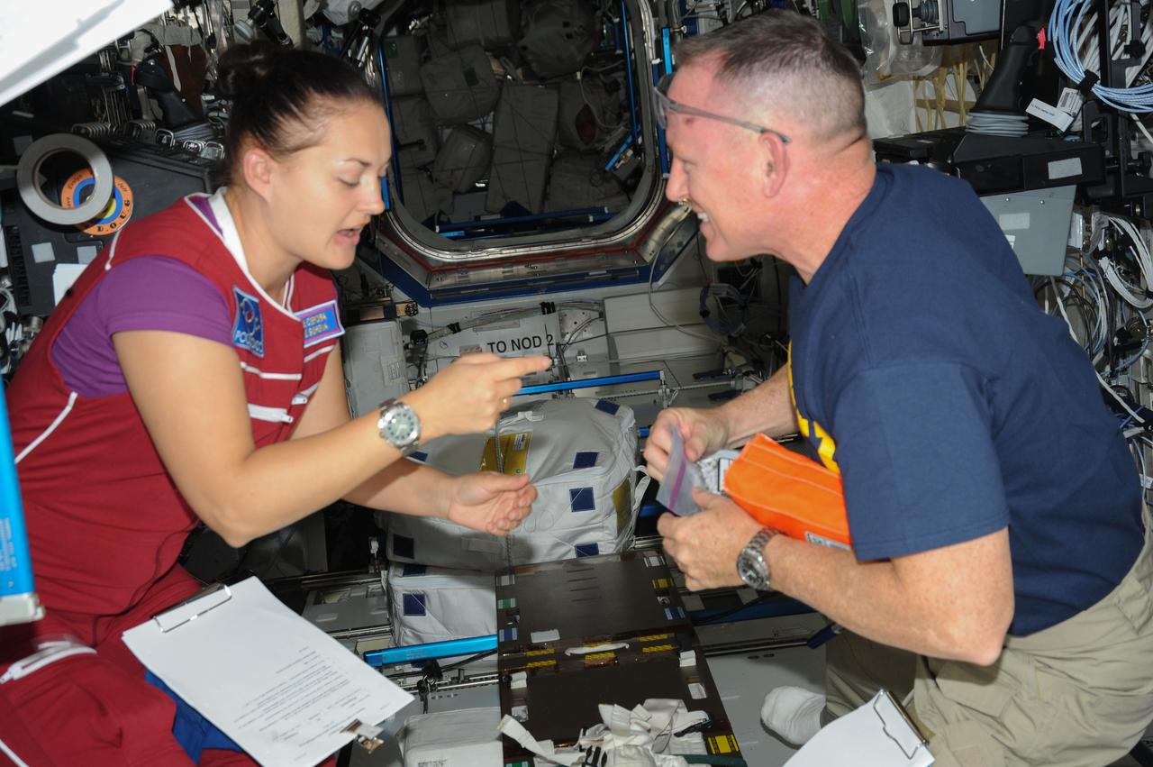 ISS041-E-037520 (27 Sept. 2014) --- Russian cosmonaut Elena Serova and NASA astronaut Barry Wilmore, both Expedition 41 flight engineers, are pictured while working in the Destiny laboratory of the International Space Station.