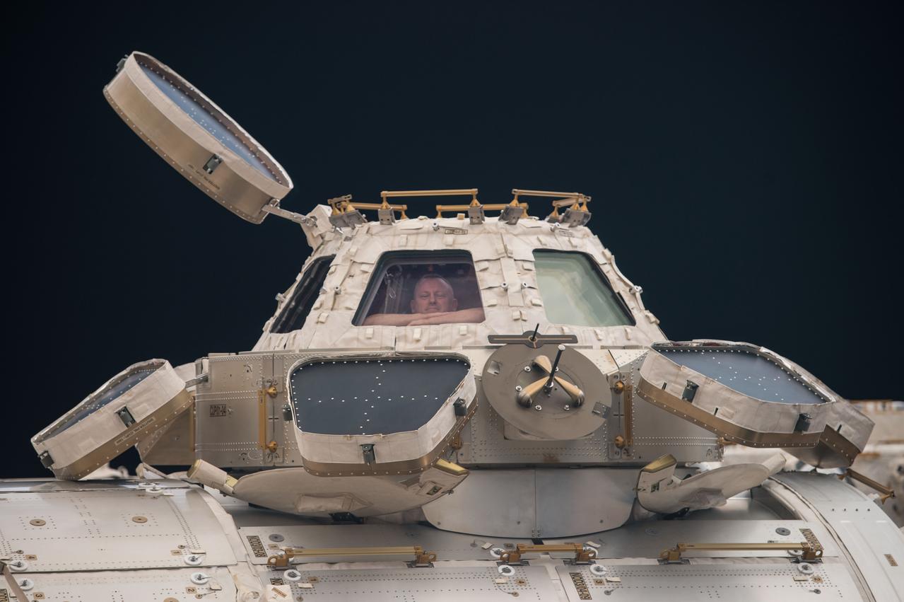 iss042e078481 (12/28/2014) --- US Astronaut Barry Wilmore, Commander of Expedition 42 aboard the International Space Station (ISS) looks out of the Cupola viewing station taking in the sights of the blue orb of Earth while on a break from science and maintenance duties. The Cupola is a panoramic control tower for the ISS with windows through which operations on the outside of the station can be observed and guided. Through the robotics workstation, astronauts are able to control the space station’s robotic arm, which helps with the attachment and assembly of various station elements, very much like the operator of a building crane. Spacewalking activities can also be observed from the Cupola along with visiting spacecraft and external areas of the station.