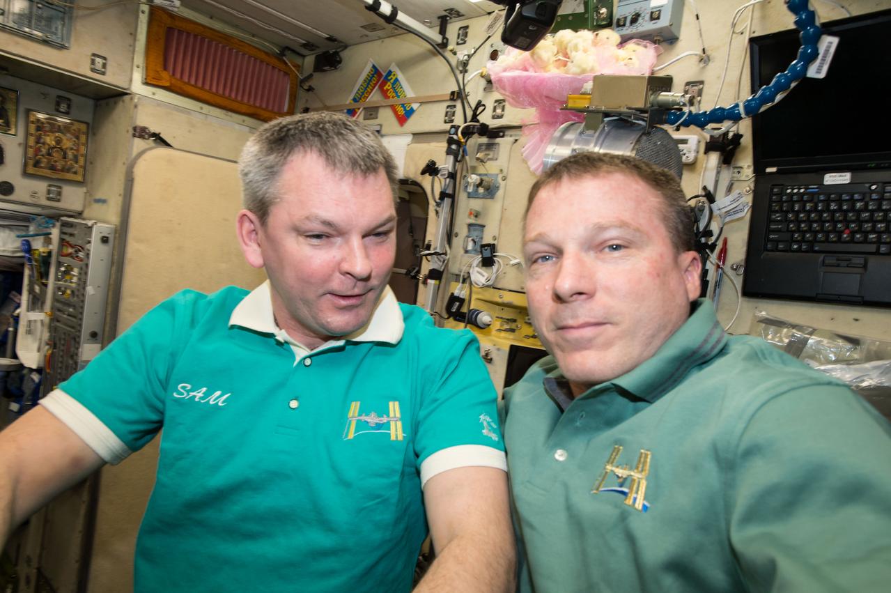 ISS042E325633 (03/11/2015) --- The day before three of his colleagues on the International Space Station were to return to Earth in a Soyuz rocket US NASA astronaut Terry Virts wished all well but gave birthday wishes before they left to Flight Engineer cosmonaut Alexander Samokutyaev with this tweeted message: "с днём рождения Саша- Happy Birthday Sasha!"!