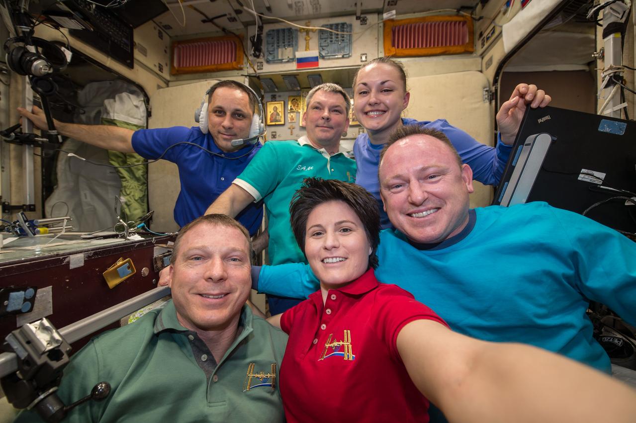 ISS042E329946 (03/11/2015) --- Making preparations for departure of three of his colleagues NASA astronaut Terry Virts, a flight engineer for Expedition 42 on the International Space Station tweeted this image down to his followers on Earth on Mar 11, 2015 with  this candid message: "Our last minutes together as #Exp42 crew. It's been a pleasure serving on #ISS with these wonderful people'. Virts is now the Commander of Expedition 43 and his colleagues NASA astronaut Barry Wilmore (bottom right), cosmonaut Elena Serova (top right) and  Alexander Samokutyaev ( top center) of the Russian Federal Space Agency (Roscosmos), have all landed safely back on Earth. The remaining crew with Virts in space is ESA (European Space Agency) astronaut Samantha Cristoforetti (bottom center)  and cosmonaut Anton Shkaplerov (top left).