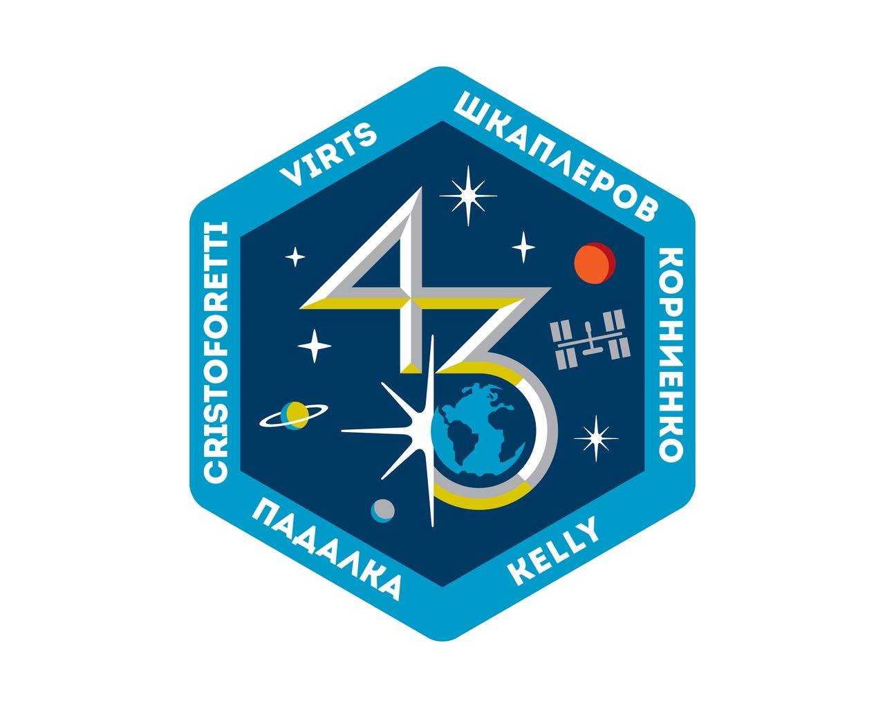 ISS043-S-001 (April 2013) --- The hexagon (six-sided) shape of the Expedition 43 patch represents the six crew members living and working onboard the orbital outpost. The International Space Station (ISS) is portrayed in orbit around the Earth, representing the multi-national partnership that has constructed, developed, and continues to operate the ISS for the benefit of all humankind. The sunrise marks the beginning of a new day, reflecting the fact that we're at the dawn of our history as a space faring species. The moon and planets represent future exploration of our solar system, for which the ISS is a stepping stone. Finally, the five stars honor the crews who have lost their lives during the pursuit of human spaceflight. The NASA insignia design for shuttle flights and station increments is reserved for use by the astronauts and for other official use as the NASA Administrator may authorize. Public availability has been approved only in the forms of illustrations by the various news media. When and if there is any change in this policy, which is not anticipated, the change will be publicly announced. Photo credit: NASA