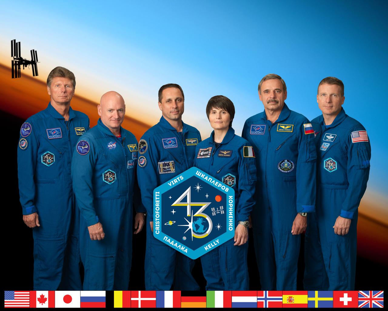  PHOTO DATE: 07-10-14 LOCATION: Bldg. 8, Room 183 - Photo Studio SUBJECT: Official Expedition 43 crew portrait. Soyuz 41(Anton Shkaplerov, Samantha Cristoforetti, Terry Virts) and Soyuz 42 (Gennady Padalka, Mikhail Kornienko, Scott Kelly). PHOTOGRAPHER: BILL STAFFORD