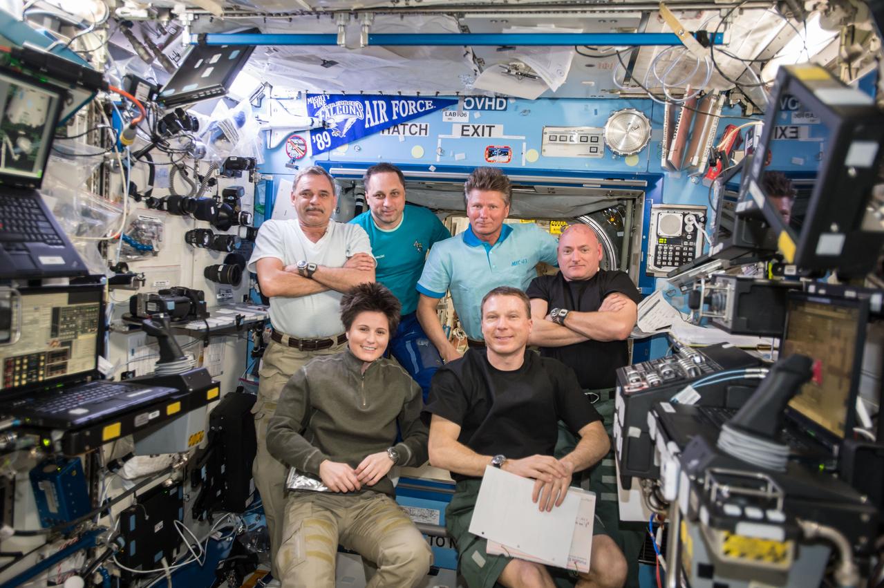    All six Expedition 43 crewmembers are gathered in the Destiny laboratory on board the International Space Station on Mar 30, 2015 after an emergency procedures training period. The six members include Russian cosmonauts Mikhail Kornienko, Anton Shkaplerov, Gennady Padalka, NASA Astronaut Scott Kelly, ESA (European Space Agency) astronaut Samantha Cristoforetti, and Expedition 43 commander US astronaut Terry Virts. 