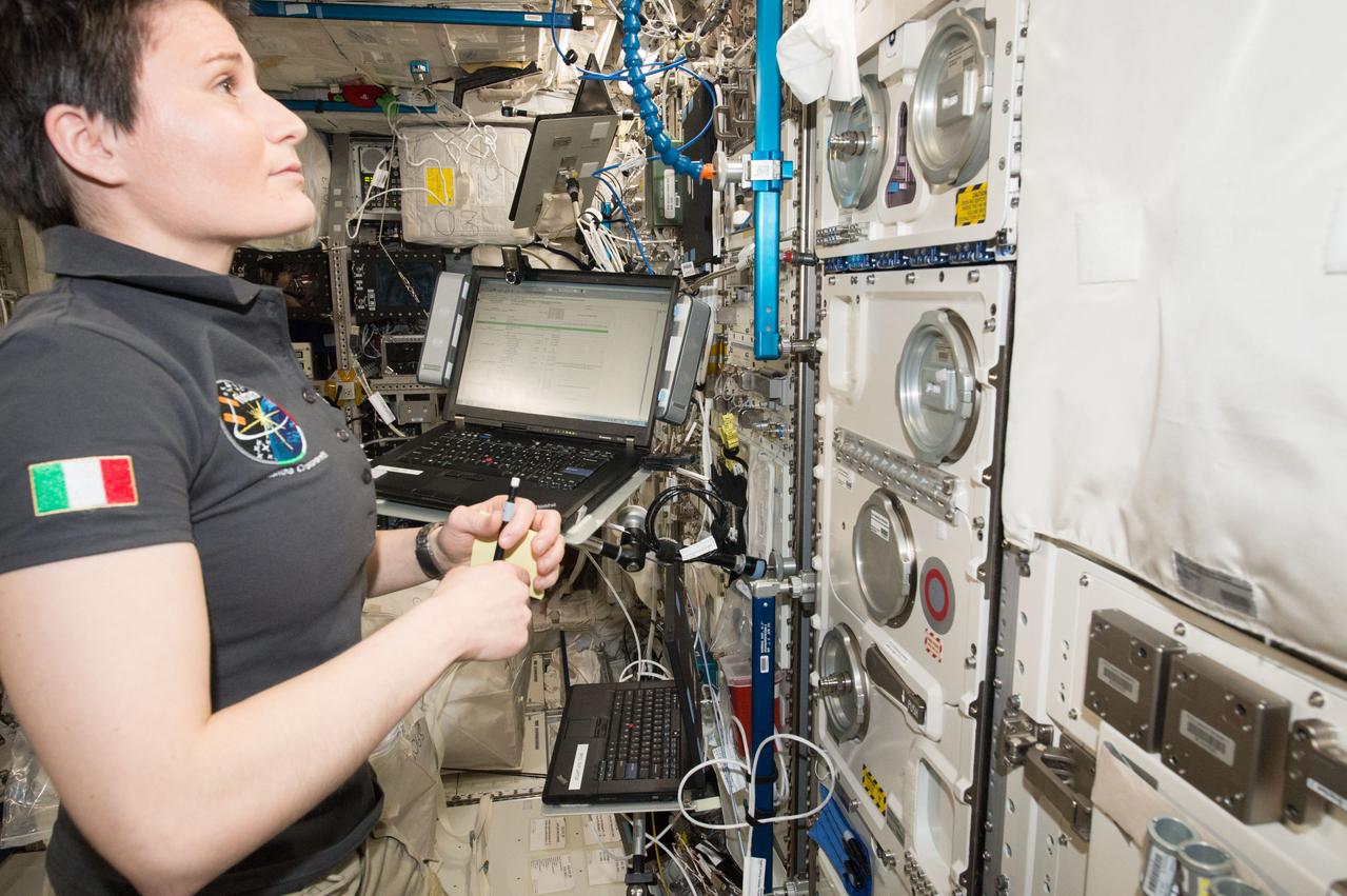 ISS043E070945 (03/31/2015) --- ESA (European Space Agency) astronaut Samantha Cristoforetti, Expedition 43 flight engineer aboard the International Space Station, is seen working on a science experiment that includes photographic documentation of Cellular Responses to Single and Combined Space Flight Conditions. Some effects of the space environment level appear to act at the cellular level and it is important to understand the underlying mechanisms of these effects. This science project uses invertebrate hemocytes to focus on two aspects of cellular function which may have medical importance. The synergy between the effects of the space radiation environment and microgravity on cellular function is the goal of this experiment along with studying the impairment of immune functions under spaceflight conditions.
