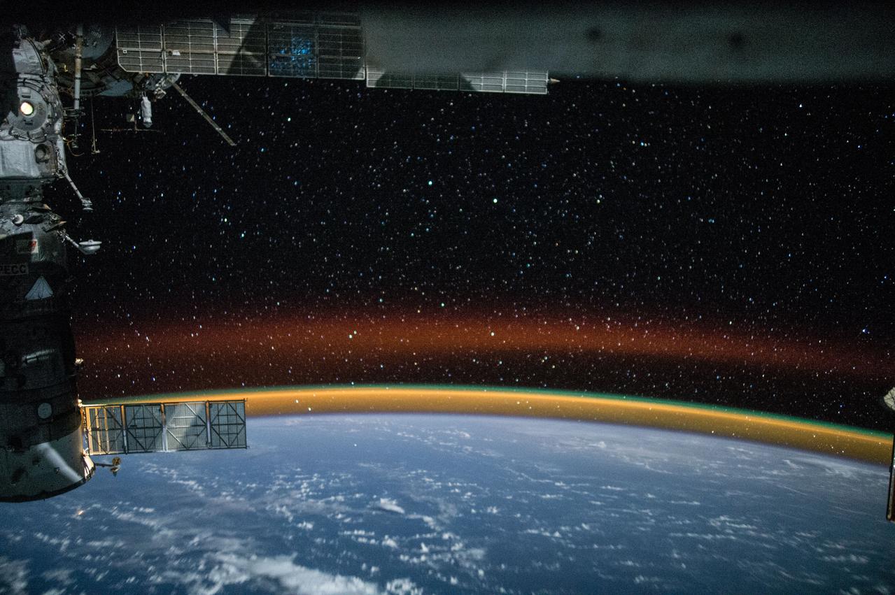 ISS043E108129 (04/11/2015) --- "Rainbow double Aurora" greet the astronauts and cosmonauts on board the International Space Station on Apr. 11, 2015 as a bonus during their busy workdays of science experiments, maintenance and operational duties.