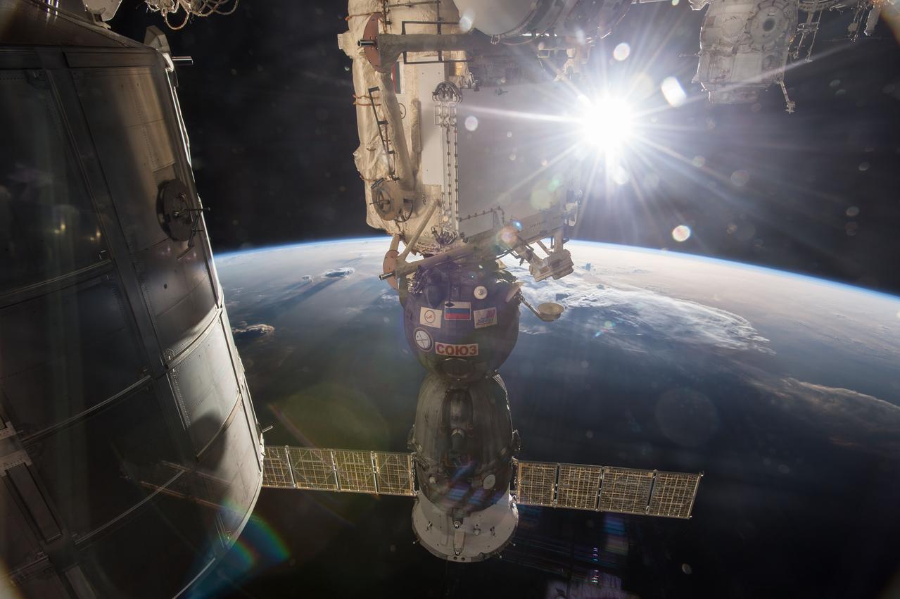 ISS043E157479 (04/29/2015) --- The Soyuz TMA-15M vehicle has been docked to the Rassvet module since it carried NASA astronaut Terry Virts, ESA (European Space Agency) astronaut Samantha Cristoforetti and Russian cosmonaut Anton Shkaplerov to the International Space Station in Nov. 2014. It will return them home after six months in orbit on May 13.