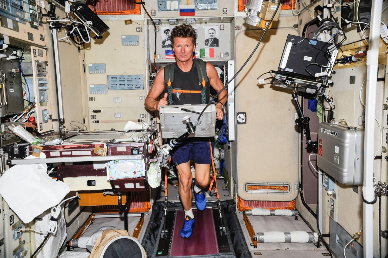 iss043e308120 (4/25/2015) --- Russian cosmonaut G.I. Padalka, Expedition 43 flight engineer, equipped with a bungee harness, exercises on the Treadmill Vibration Isolation System (TVIS) (БД-2 / BD-2) in the Zvezda Service Module of the International Space Station.