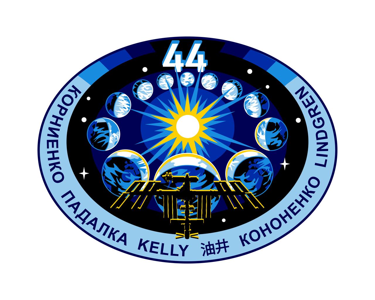 ISS044-S-001 (February 2014) --- This is the insignia for the Expedition 44 mission. The International Space Station is positioned in the foreground poised to study Earth, the sun and cosmos that lie beyond. Two members of the Expedition 44 crew will spend a full year on the ISS - providing valuable experience for future long duration missions into deep space. The 12 Earths represent the planet's position around the sun over the course of that year. Four of the Earths are silhouetted in sunlight representing the four month duration of Expedition 44. The nine stars in the background represent the nine individuals that will visit and work on the ISS during the course of the expedition, including the six-member crew, whose names are inscribed around the patch's border, and the three-person Soyuz "taxi" crew. The use of ellipses and circles throughout the patch reflect a theme of "completion" or "return," as investments made in this orbiting laboratory return benefit to the Earth and its inhabitants. The NASA insignia design for shuttle flights and station increments is reserved for use by the astronauts and for other official use as the NASA Administrator may authorize. Public availability has been approved only in the forms of illustrations by the various news media. When and if there is any change in this policy, which is not anticipated, the change will be publicly announced. Photo credit: NASA