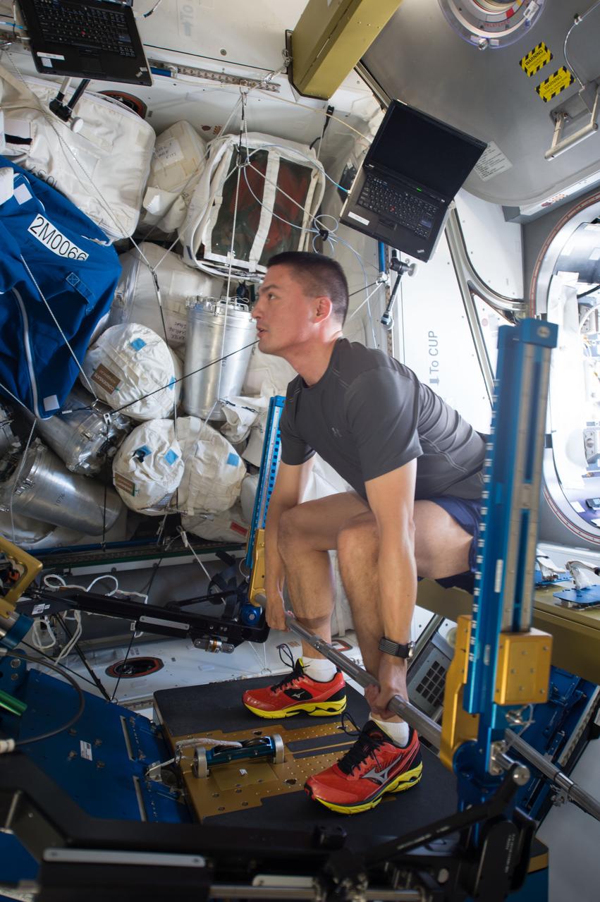ISS044E024392 (07/28/2015) --- Newly arrived NASA astronaut Kjell Lindgren exercises on the International Space Station using the Advanced Resistive Exercise Device to help mitigate the potentially adverse effects of long duration stays in microgravity.
