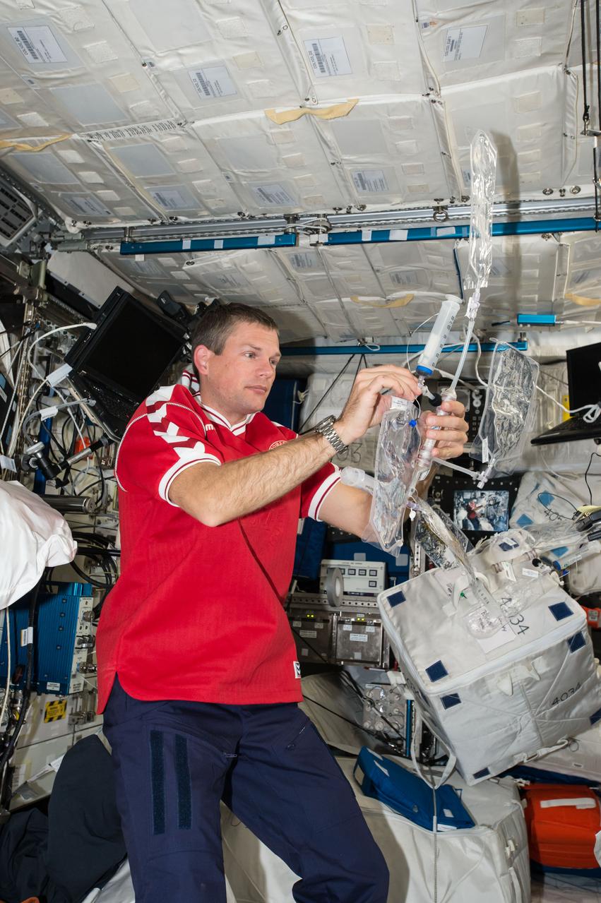 iss044e086800 (9/8/2015) ---  European Space Agency (ESA) astronaut Andreas Mogensen performing AQUAMEMBRANE operations in the Columbus module aboard the International Space Station (ISS). The Aquaporin Inside Membrane Testing in Space (AquaMembrane) investigation helps to validate an Aquaporin Inside Membrane (AIM) as a replacement for the International Space Station (ISS) multifiltration beds for water recovery.