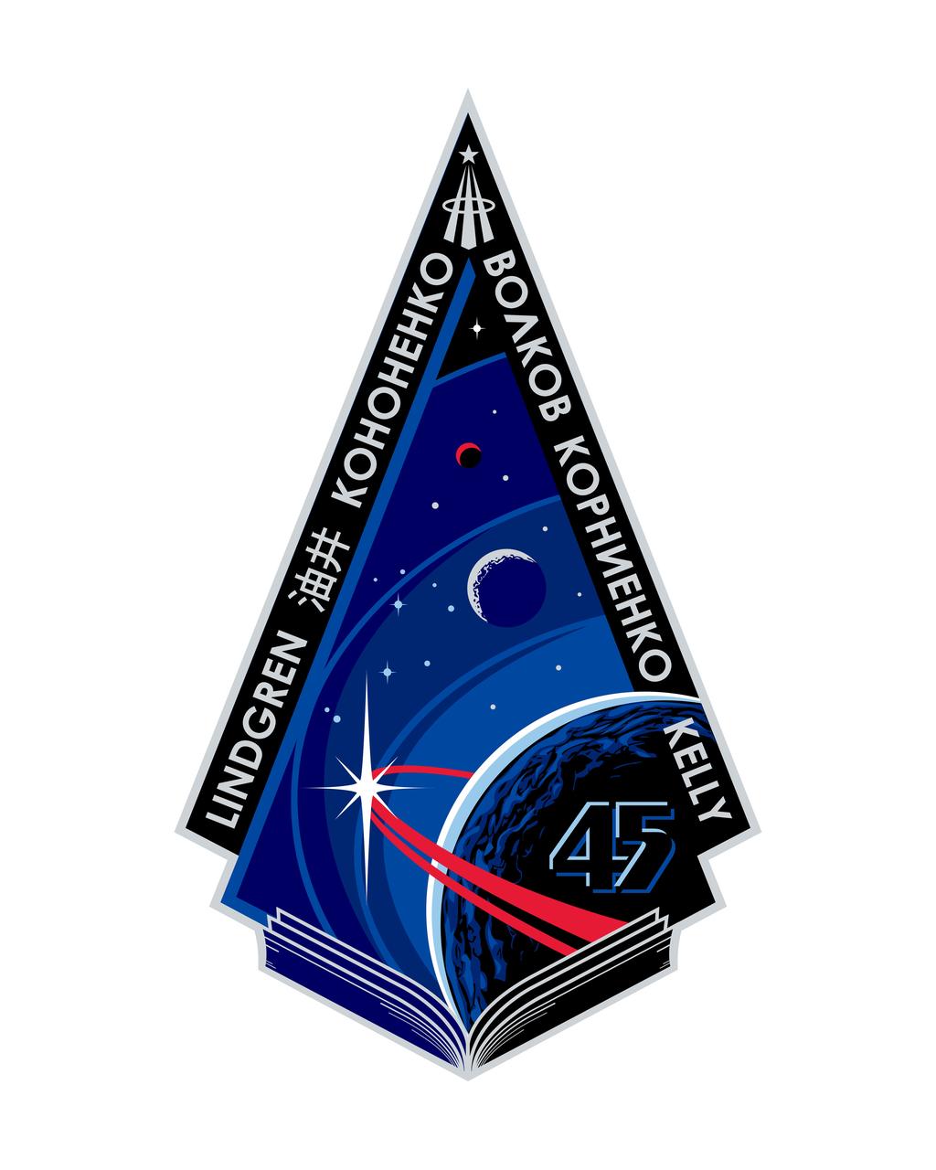 ISS045-S-001 (July 2014) --- The Expedition 45 crew will conduct its journey of exploration and discovery from a summit whose foundation was built by past generations of pioneers, scientists, engineers and explorers. This foundation is represented by the book of knowledge at the bottom of the patch. Curves radiate from the book representing the flow of knowledge - and the hard work, sacrifice and innovation that makes human spaceflight possible. The pages written during Expedition 45 will serve to benefit humanity on Earth and in space. The International Space Station is represented by a single bright star soaring over the Earth, illuminating a path to future, more distant destinations. Note: The NASA insignia design for shuttle and space station flights is reserved for use by the astronauts and for other official use as the NASA Administrator may authorize. Public availability has been approved only in the form of illustrations by the various news media. When and if there is any change in this policy, which is not anticipated, it will be publicly announced.