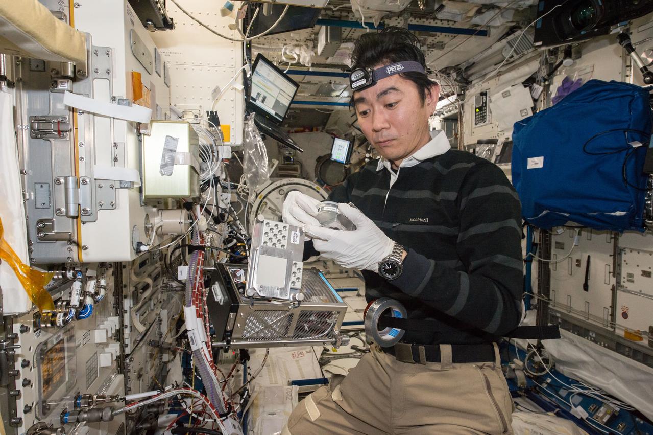 iss045e084268 (10/30/2015) --- Japan Aerospace Exploration Agency (JAXA) astronaut Kimiya Yui works to attach a Plant Experiment Unit to the Cell Biology Experiment Facility (CBEF) prior to Run 1 of the Plant Gravity Sensing 2 experiment.