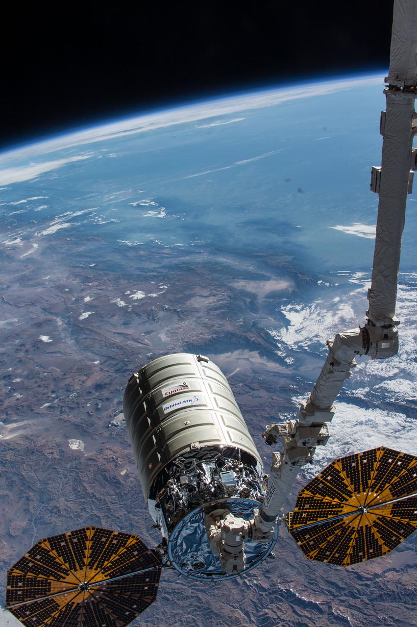ISS046e043433 (02/19/2016) --- The Expedition 46 crew took out the trash recently when it released the Orbital ATK Cygnus spacecraft from the grips of the International Space Station’s Canadarm2 robotic arm. Cygnus was filled with roughly 1.5 tons of trash and discarded gear before the hatches were closed. Ground controllers then remotely guided the Canadarm2 to grapple Cygnus and detach it from the Unity module. NASA astronauts Scott Kelly and Tim Kopra commanded the Canadarm2 to release Cygnus Feb 19, at 7:26 a.m. EST when it began gracefully departing the vicinity of the station. Cygnus ultimately burned up during reentry through the Earth’s atmosphere on Saturday, Feb 20. This was Orbital ATK’s fourth commercial resupply mission.