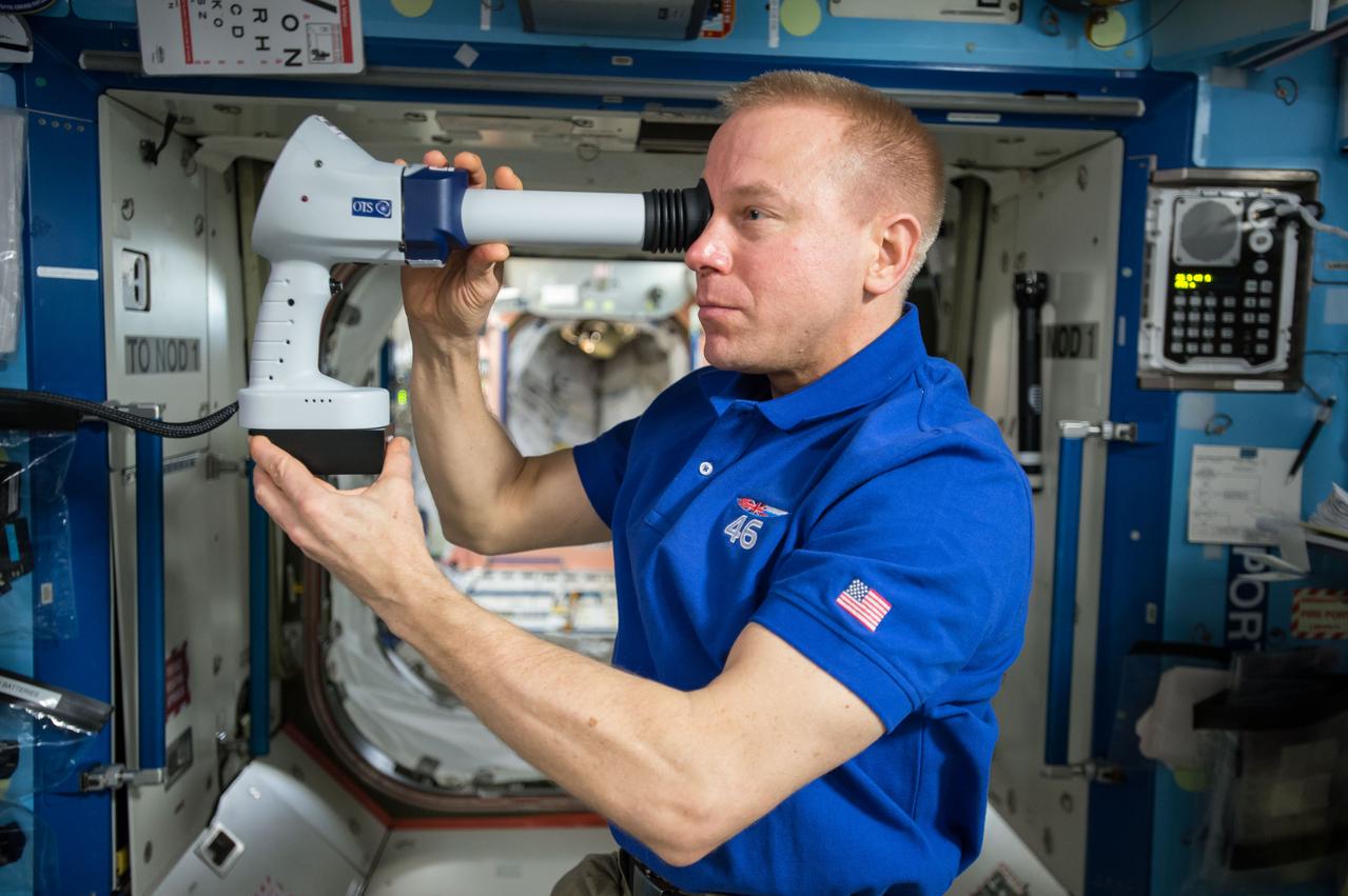 ISS047e010094 (03/16/2016) --- Expedition 47 Commander Tim Kopra of NASA participates in the Ocular Health investigation aboard the International Space Station. The study seeks to help researchers better understand microgravity-induced visual impairment and changes believed to arise from elevated intracranial pressure. These tests will help characterize how living in microgravity can affect the visual, vascular and central nervous system. The investigation will also measure how long it takes for astronauts to return to normal after they return to Earth.