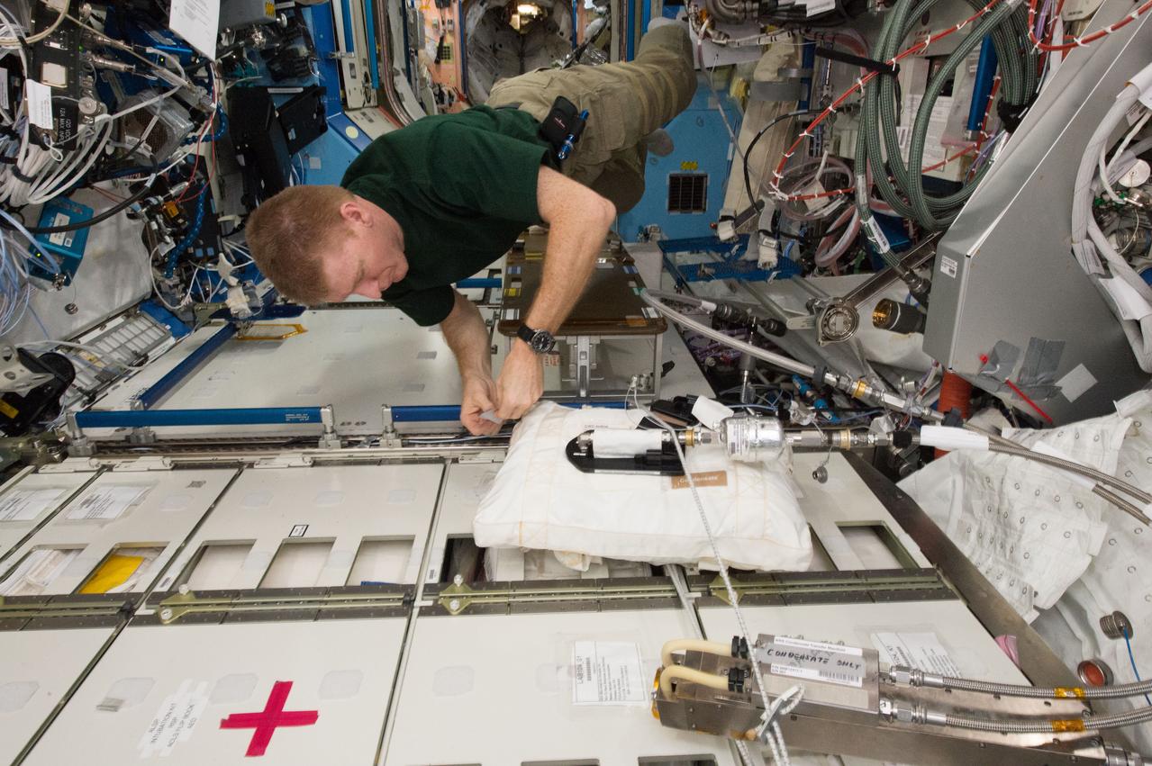 ISS047e013845 (03/22/2016) --- ESA (European Space Agency) astronaut Tim Peake works on the Water Processor Assembly (WPA) aboard the International Space Station. The WPA is is responsible for treating waste water aboard the station for recycling back into potable water.