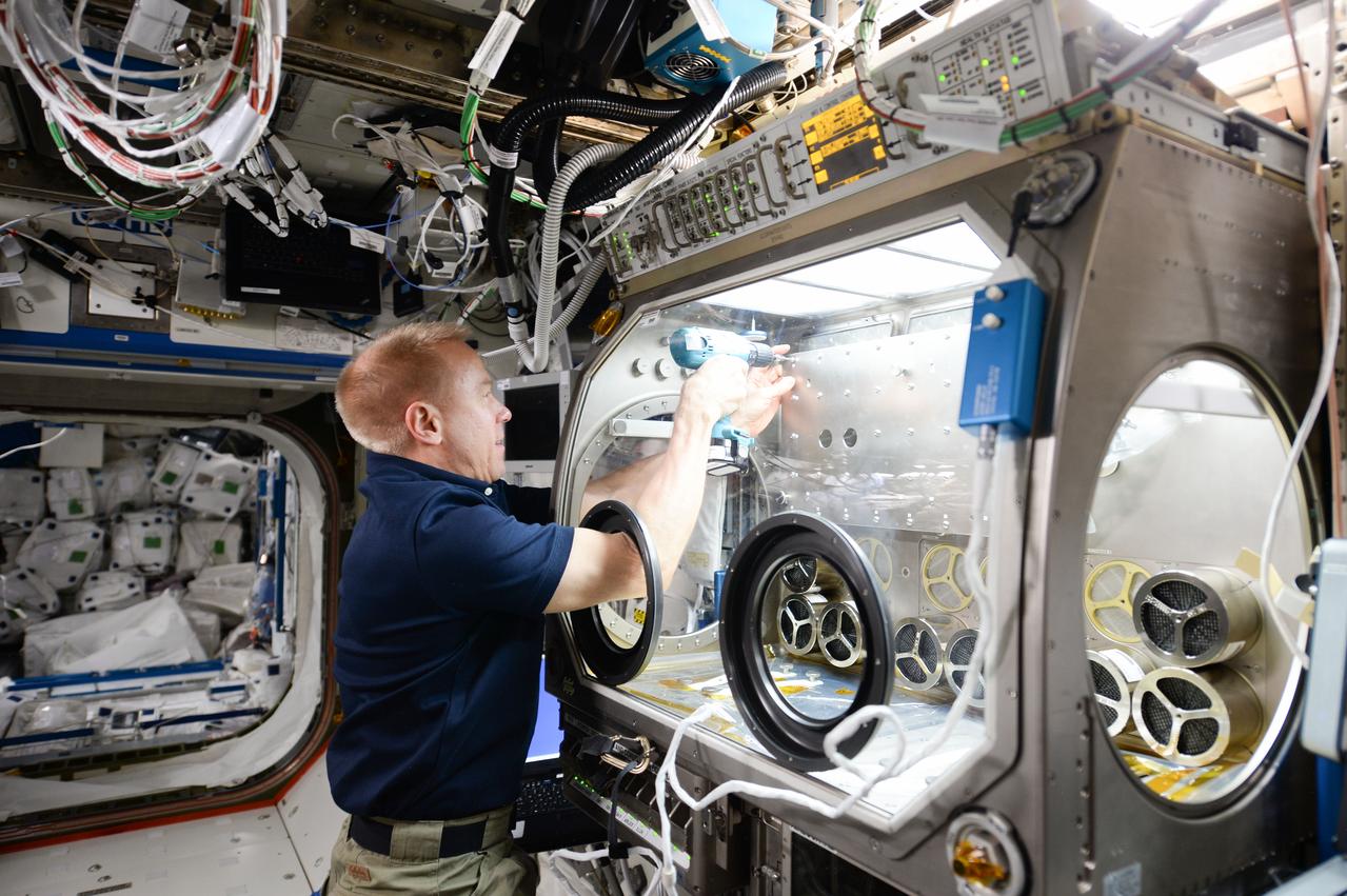 ISS047e050514 (04/07/2016) --- Expedition 47 Commander Tim Kopra configures the station’s Microgravity Science Glovebox for upcoming research operations. The glovebox is one of the major dedicated science facilities inside Destiny. It has a large front window and built-in gloves to provide a sealed environment for conducting science and technology experiments. The Glovebox is particularly suited for handling hazardous materials when the crew is present.
