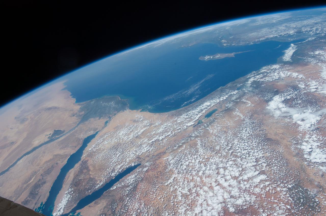 ISS047e057822 (04/14/2016) --- The Middle East is seen from 250 miles above in this photo from the International Space Station. Countries seen left to right along the Mediterranean coast include Egypt, Gaza, Saudi Arabia, Israel, Lebanon, Syria, and Turkey. The major waterways shown from left to right are the Nile River, Gulf of Suez, Gulf of Aqaba, and the Red Sea.