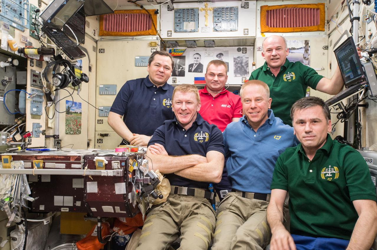 ISS047e085715 (04/30/2016) --- The Expedition 47 crew poses for the 3 millionth image taken aboard the International Space Station. For more than 15 years, station crews have been taking photographs of the earth and inside activities. In the photo: (front row from the left) ESA (European Space Agency) astronaut Timothy Peake, NASA astronaut Timothy Kopra and Roscosmos cosmonaut Yuri Malenchenko. (back row from left) Russian cosmonauts Oleg Skripochka and Alexey Ovchinin along with NASA astronaut Jeff Williams.