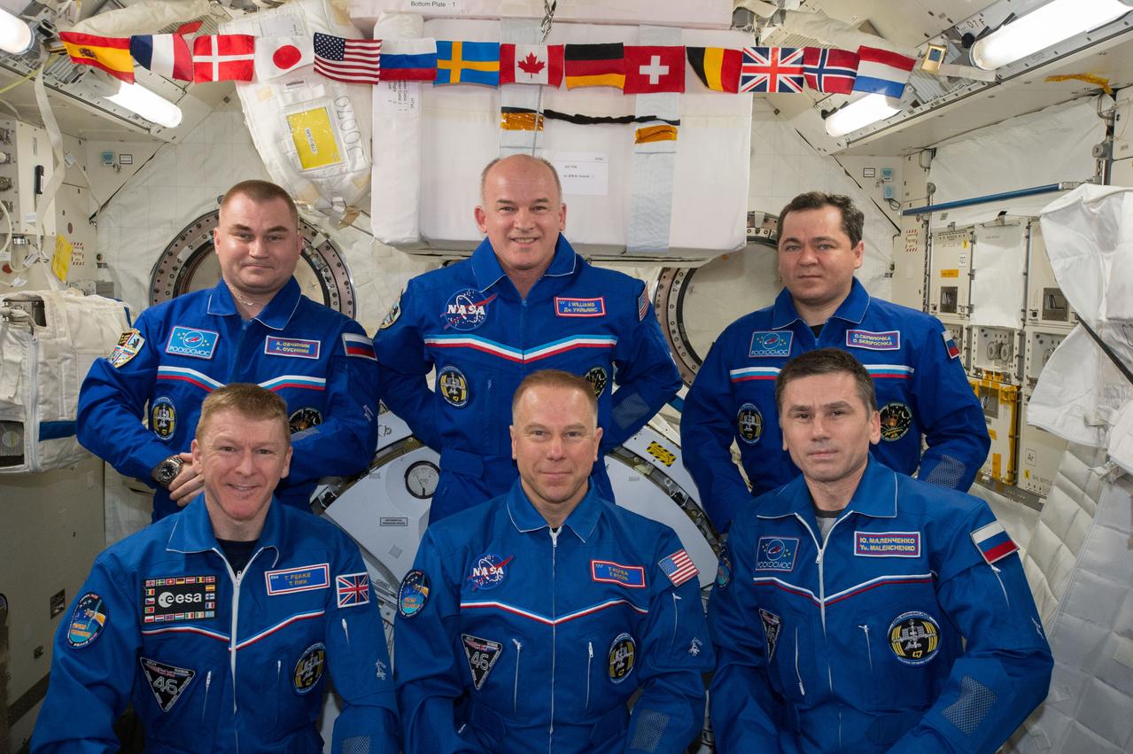 ISS047e149609 (06/11/2016) --- The full crew of Expedition 47 aboard the International Space Station. ESA (European Space Agency) astronaut Timothy Peake (bottom left), NASA astronaut Timothy Kopra (bottom middle) and Roscosmos cosmonaut Yuri Malenchenko (bottom row right) are set to depart the International Space Station and return to Earth June 18, 2016. Russian cosmonauts Oleg Skripochka (top left) and NASA astronaut Jeff Williams (top row middle) and Russian cosmonaut Alexey Ovchinin (top right) will stay on as crew members for the next Expedition--48.