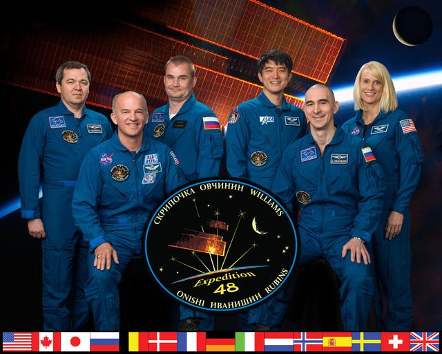 NASA image: Expedition 48 crew portrait with 46S crew (Jeff Williams, Oleg Skripochka, Aleksei Ovchinin) and 47S crew (Anatoli Ivanishin, Kate Rubins, Takuya Onishi).  Photo Date: June 26, 2015.  Location: Building 8, Room 183 - Photo Studio.  Photographer: Bill Stafford.