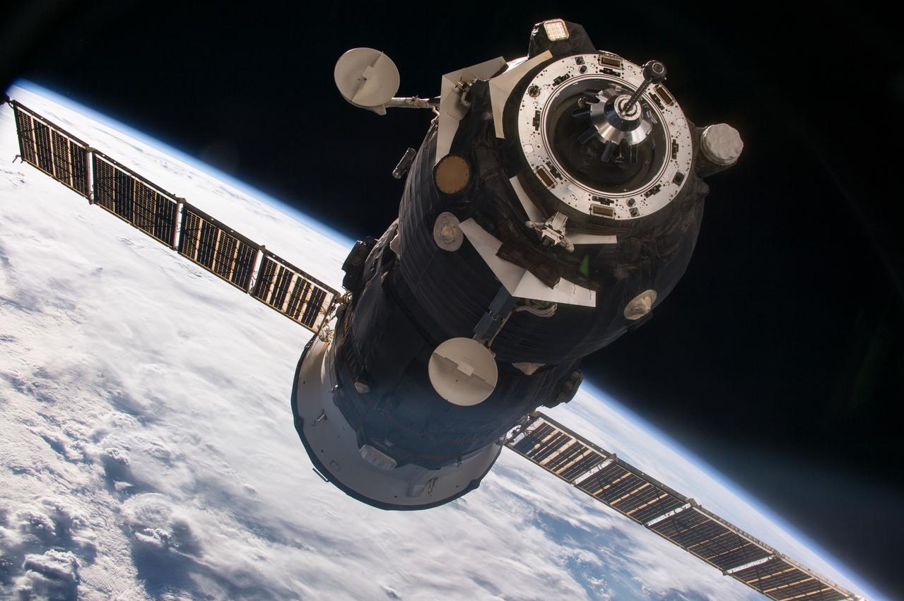 View of the Progress 62P spacecraft on final approach for redocking during a test of the upgraded Teleoperator Control System (TORU) manual docking system.