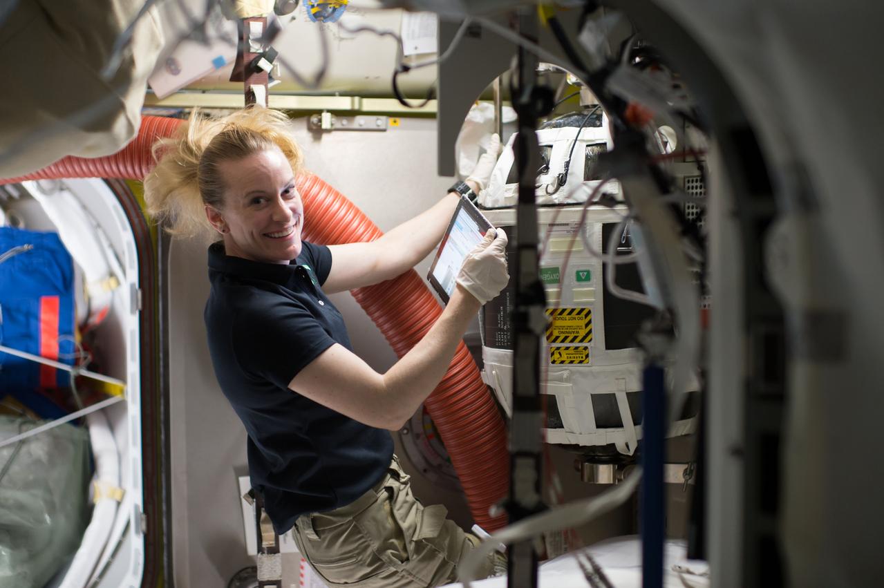 iss049e002733 (09/14/2016) --- Expedition 49 crew member and NASA astronaut Kate Rubins works with a Nitrogen/Oxygen Recharge System (NORS) tank aboard the International Space Station. The tanks are designed to be plugged into the station's existing air supply network to refill the crew’s breathable air supply. Each tank is pressurized up to 10,000 pounds per square inch to giving the station an atmosphere of nitrogen and oxygen like that of Earth, the system provides the pure oxygen astronauts breathe before beginning a spacewalk. The gases also are used in the station's ammonia-based cooling system and for other secondary uses.