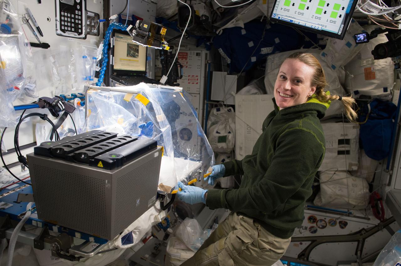 iss049e040145 (10/19/2016) --- NASA astronaut Kate Rubins working with WetLab-2 Ribonucleic Acid (RNA) SmartCycler tubes for Session 3. Wetlab RNA SmartCycler is a research platform for conducting real-time quantitative gene expression analysis aboard the International Space Station (ISS). The system enables spaceflight genomic studies involving a wide variety of biospecimen types in the unique microgravity environment of space.