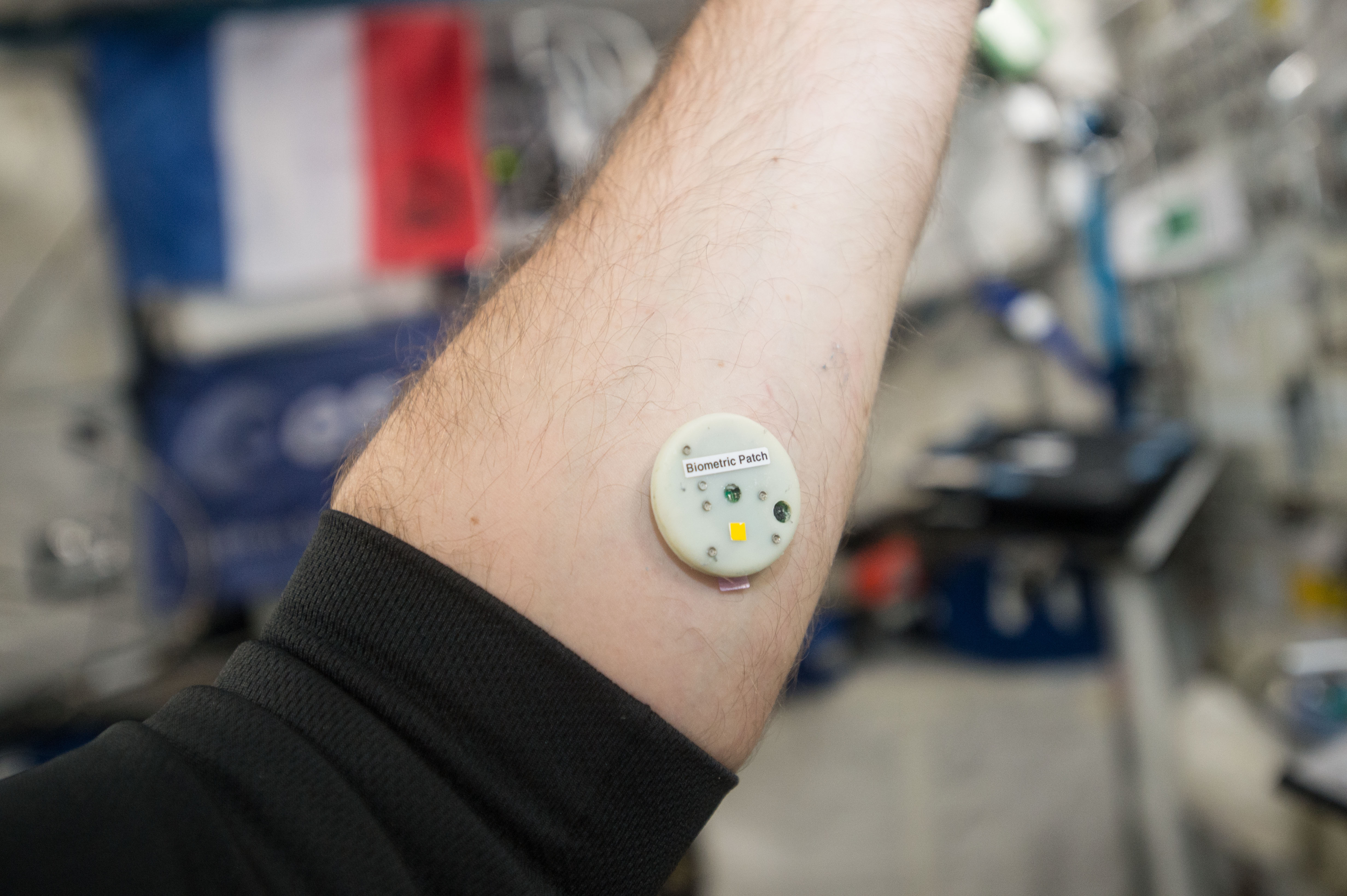 iss050e015078 (8/8/2016) --- View of Biometric patch (wearable sensor) connected to an International Space Station (ISS) iPad via bluetooth or via Lightbolt connector. The EVERYWEAR application allows a unified interface for physiology-related data collection and wireless communication.