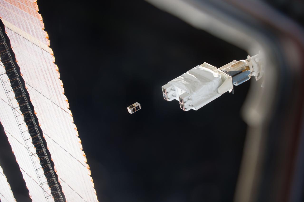 iss050e031525 (1/16/2017) --- Photo documentation of the Japanese-Small Satellite Orbital Deployer-6 (J-SSOD-6) deployment of the AOBA-Velox-3 Cubesat. The AOBA-Velox-3 mission is a joint mission between Nanyang Technological University (NTU), Singapore and the Kyushu Institute of Technology (Kyutech), Japan. This 2-Unit (2U) micro-satellite tests a micro-propulsion system, Pulse Plasma Thruster, PPT designed by NTU, that allows the spacecraft to remain in orbit up to six months.