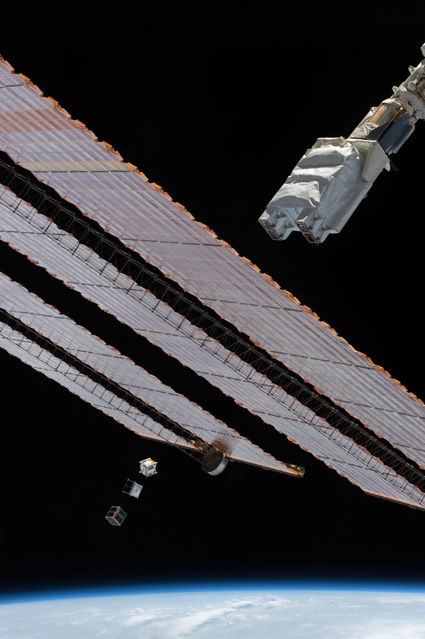 iss050e032565 (1/17/2017) --- Photo documentation of the Japanese-Small Satellite Orbital Deployer-6 (J-SSOD-6) deployment of the ITF-2, Waseda-SAT3 and Freedom CubeSats. The  Imagine The Future-2 (ITF-2) CubeSat mission supports amateur radio networking by testing a micro engineered 1/20 wavelength small antenna. The WASEDA SAT-3 is a CubeSat developed by Waseda University aiming to test an ultra-light drag chute for accelerated deorbit. An LCD projector shows images on the chute with imagery sent back to Earth via an onboard camera. FREEDOM is a 1 Unit (1U) CubeSat developed by the Nakashimada Engineering Works and the Tohoku University to demonstrate a deployable deorbit device “DOM” for application in future missions for space debris mitigation.