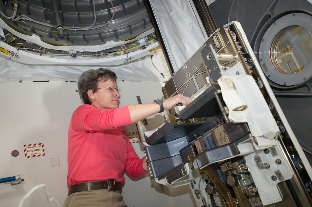 iss050e037283 (01/31/2017) --- NASA astronaut Peggy Whitson removes the Multi-Purpose Experiment Platform (MPEP) from inside the Kibo airlock aboard the International Space Station. The airlock is used to deploy a number of scientific payloads from inside the station out into the vacuum of space.