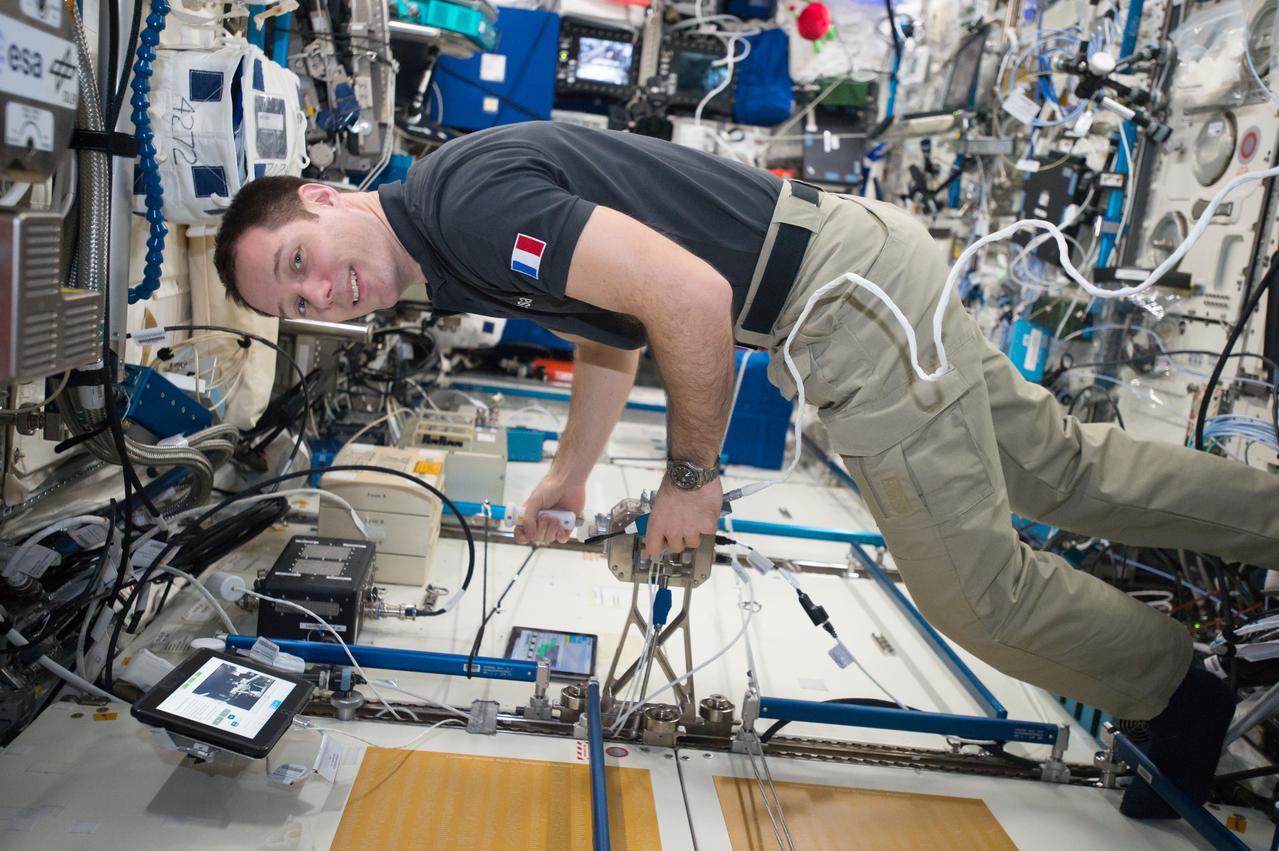 iss050e037304 (01/31/2017) --- ESA (European Space Agency) astronaut Thomas Pesquet works with controls for the European Haptics-2 experiment aboard the International Space Station. Haptics-2 is a technology demonstration experiment aimed at validating control interactions to take place between space and ground. In particular, this experiment allows for an astronaut crew in space to control, in real-time, robotic assets on Earth, using force feedback.