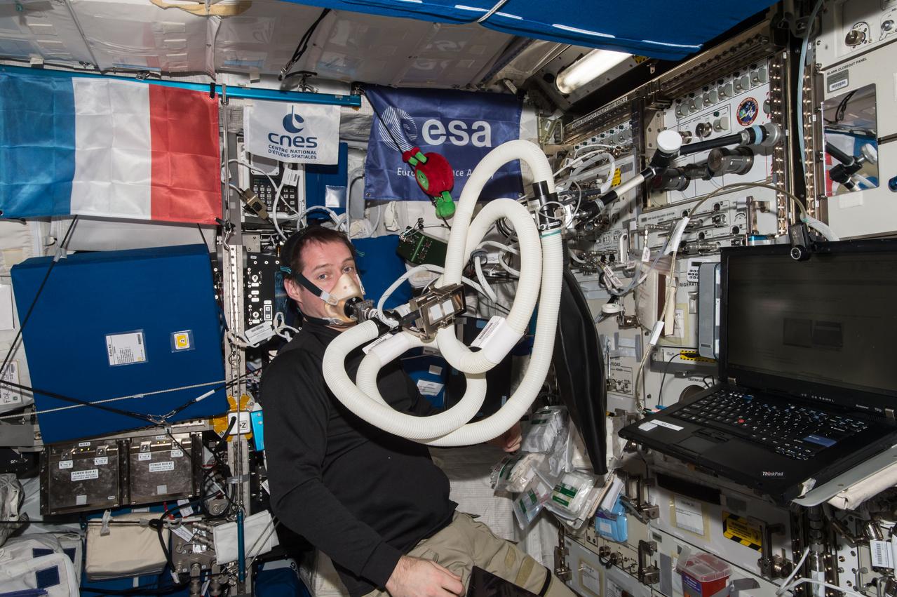 iss050e055526 (3/8/2017) --- European Space Agency (ESA) astronaut Thomas Pesquet utilizing the Pulmonary Function System (PFS) to perform a series of Oxygen Uptake Measurements (OUMs) after prescribed meals and scheduled fluid collections, in the Columbus Module. The Energy investigation measures an Astronaut's Energy Requirements for Long-Term Space Flight, a crucial factor needed for sending the correct amount of the right types of food with space crews.