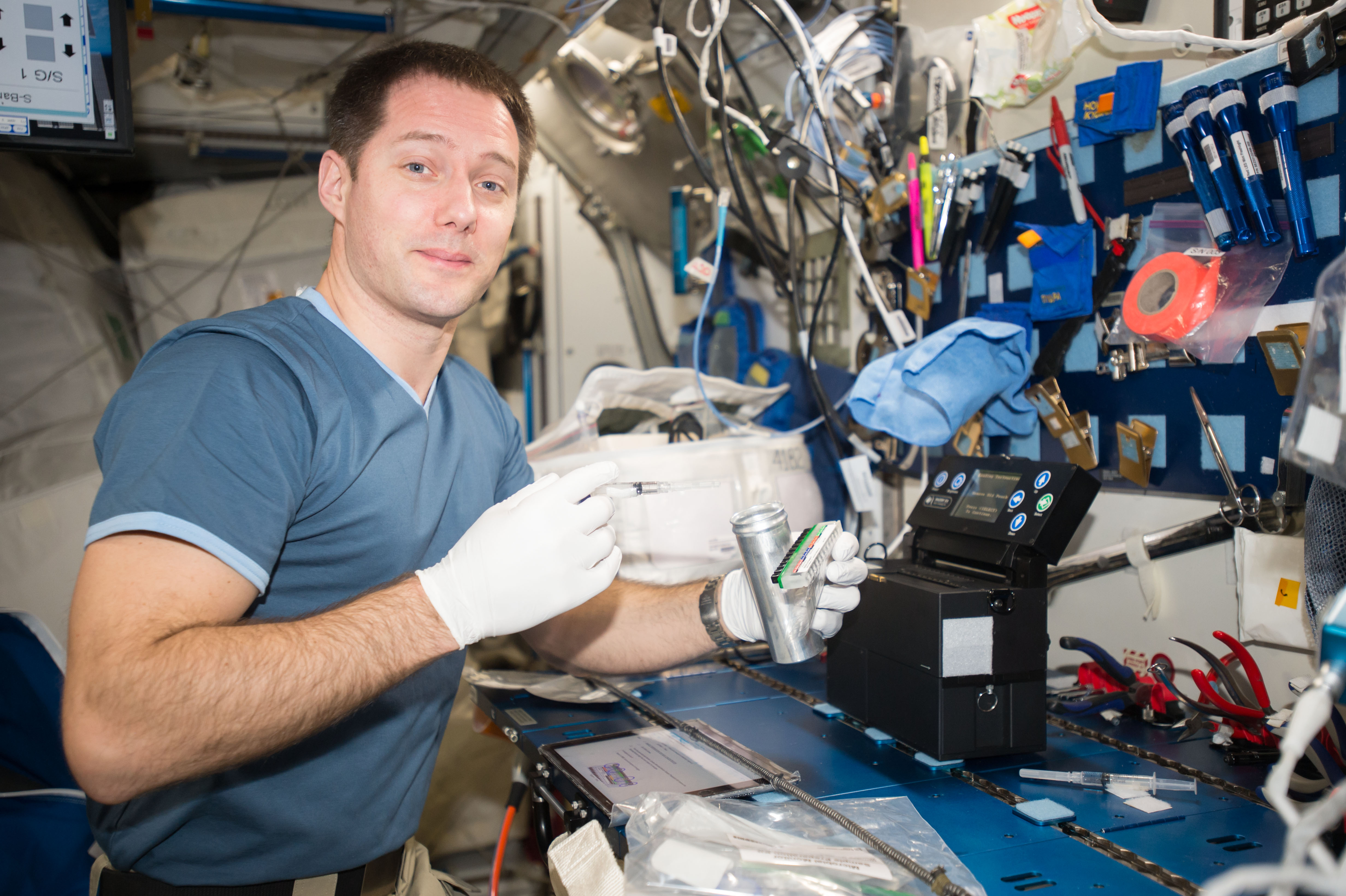 iss050e057206 (3/14/2017) --- European Space Agency (ESA) Thomas Pesquet used the Microbial Monitoring System (MMS) portion of the Water Monitoring Suite (WMS) experiment to perform the Aquapad demonstration and sampling. The Water Monitoring Suite is a set of hardware that monitors microbes, silica and organic material in the water supply on the International Space Station. The hardware ensures crew members can test and monitor the safety of their water supplies on future space missions, especially on long-duration missions to Mars, asteroids or other destinations where Earth-based testing would be difficult or impossible.