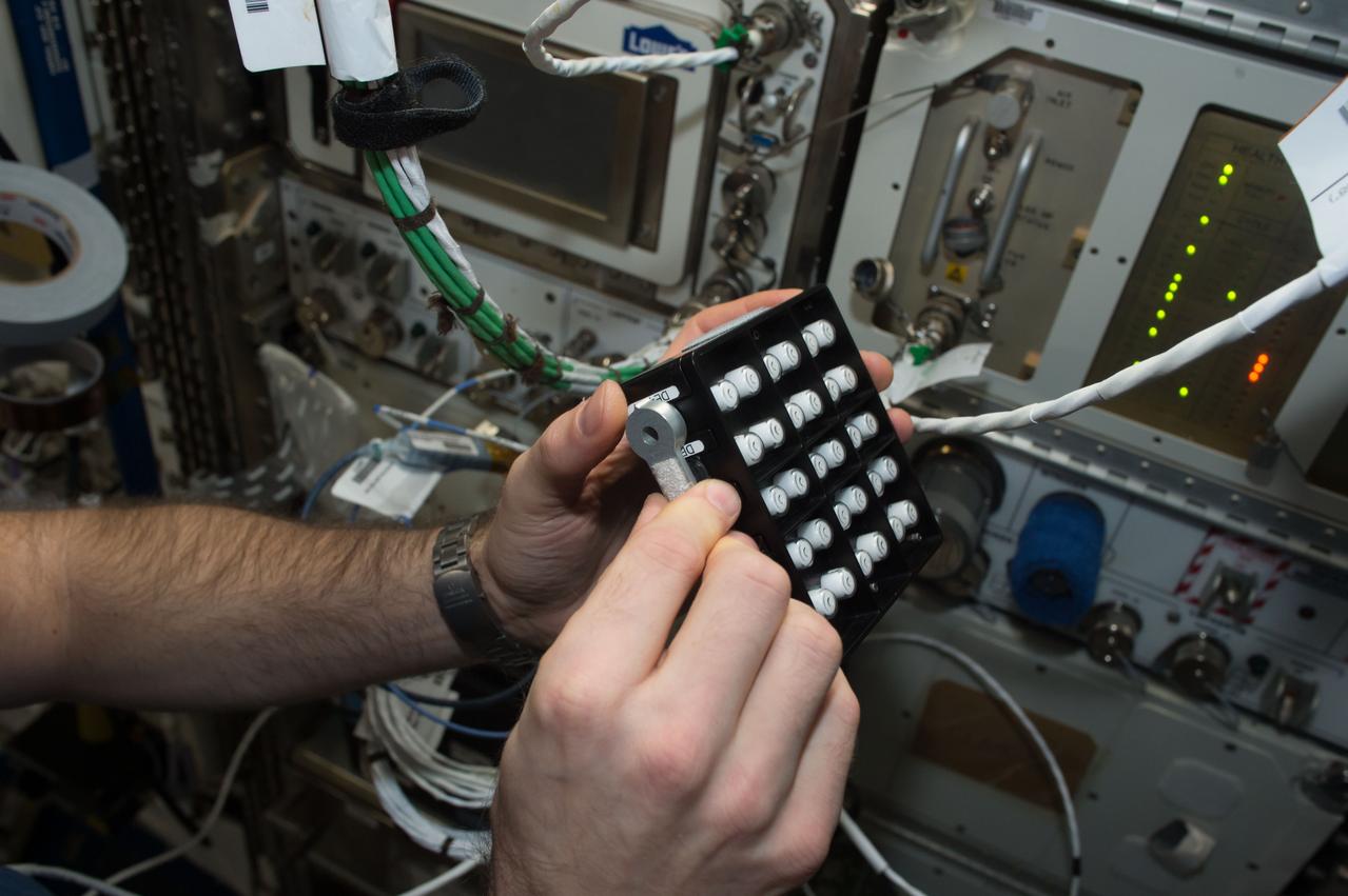 iss050e058807 (3/17/2017) --- A view of European Space Agency (ESA) astronaut Thomas Pesquet, during Protein Crystal Growth (PCG) -5 hardware deactivation and stow, from Microgravity Experiment Research Locker Incubator (MERLIN) on Expedite the Processing of Experiments to the Space Station (EXPRESS) Rack 5. The Microgravity Growth of Crystalline Monoclonal Antibodies for Pharmaceutical Applications (CASIS-PCG-5) investigation crystallizes a monoclonal antibody developed by Merck Research Labs. Microgravity enables the growth of extremely high-quality crystals, which allow scientists to study the proteins’ structure, improve drug delivery, manufacturing, and developing better methods for storing these biological molecules.