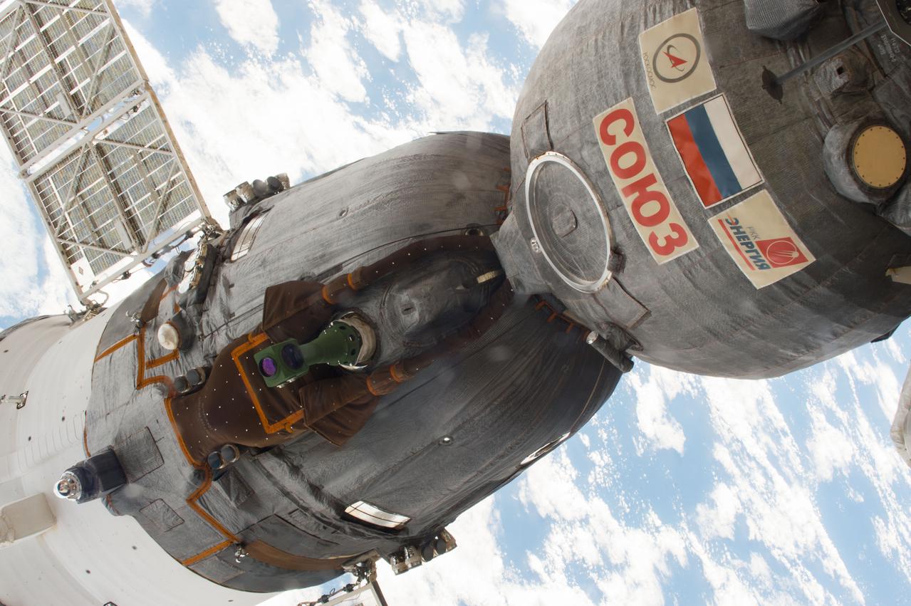iss051e028535 (April 26, 2017) --- The Soyuz MS-03 spacecraft that carried Expedition 51 crew members Oleg Novitskiy, Thomas Pesquet and Peggy Whitson to space is pictured docked to the Rassvet module.