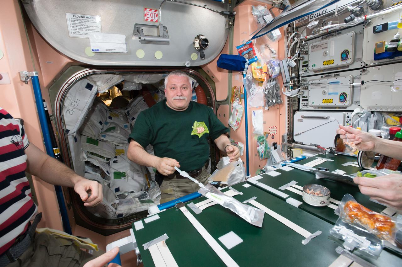 iss051e029147 (4/29/2017) --- Russian Cosmonaut Fyodor Yurchikhin prepares to eat some of the Chinese cabbage that was grown in the Veggie Plant Growth facility as part of the Veg-03 investigation. Credits: NASA