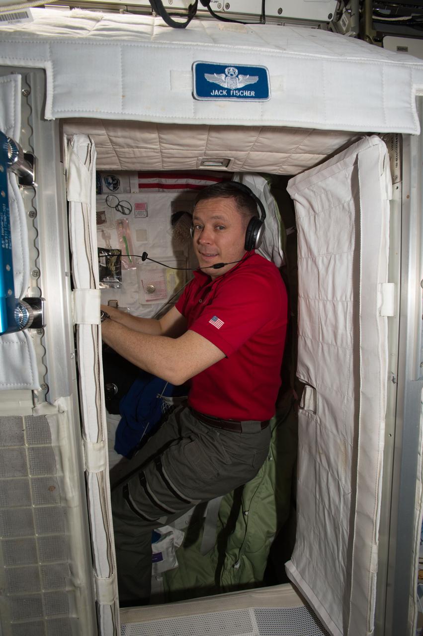 iss051e029443 (May 1, 2017) --- Air Force colonel and NASA astronaut Jack "2Fish" Fischer inhabits a personal sleep station inside the International Space Station.