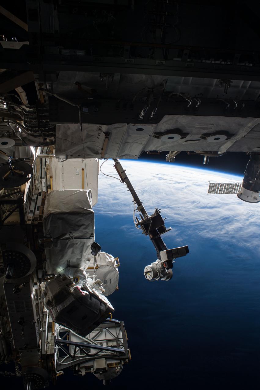 iss051e041847 (05/12/2017) -- NASA astronaut Peggy Whitson is seen during the 200th spacewalk in support of the International Space Station. Expedition 51 Commander Peggy Whitson and Flight Engineer Jack Fischer of NASA successfully replaced a large avionics box that supplies electricity and data connections to the science experiments. The astronauts also completed additional tasks to install a connector that will route data to the Alpha Magnetic Spectrometer, repair insulation at the connecting point of the Japanese robotic arm, and install a protective shield on the Pressurized Mating Adapter-3. This adapter will host a new international docking port for the arrival of commercial crew spacecraft.
