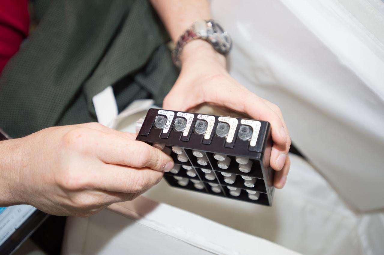 iss052e000504 (June 6, 2017) --- View of astronaut Jack Fischer working with the Neutron Crystallographic Studies of Human Acetylcholinesterase for the Design of Accelerated Reactivators (CASIS PCG 6) experiment in the Japanese Experiment Module.