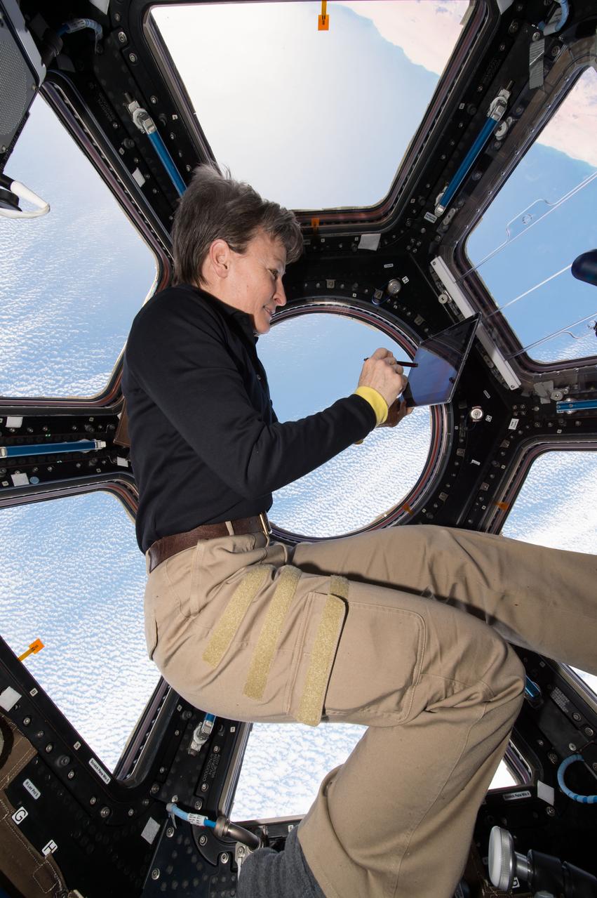 iss052e016179 (7/18/2017) --- NASA astronaut Peggy Whitson is photographed sitting in front of the Cupola windows during the final Crew Autonomous Scheduling Test (CAST) session. The CAST investigation analyzes whether crews can develop plans in a reasonable period of time with appropriate input, whether proximity of planners to the planned operations increases efficiency, and if crew members are more satisfied when given a role in plan development