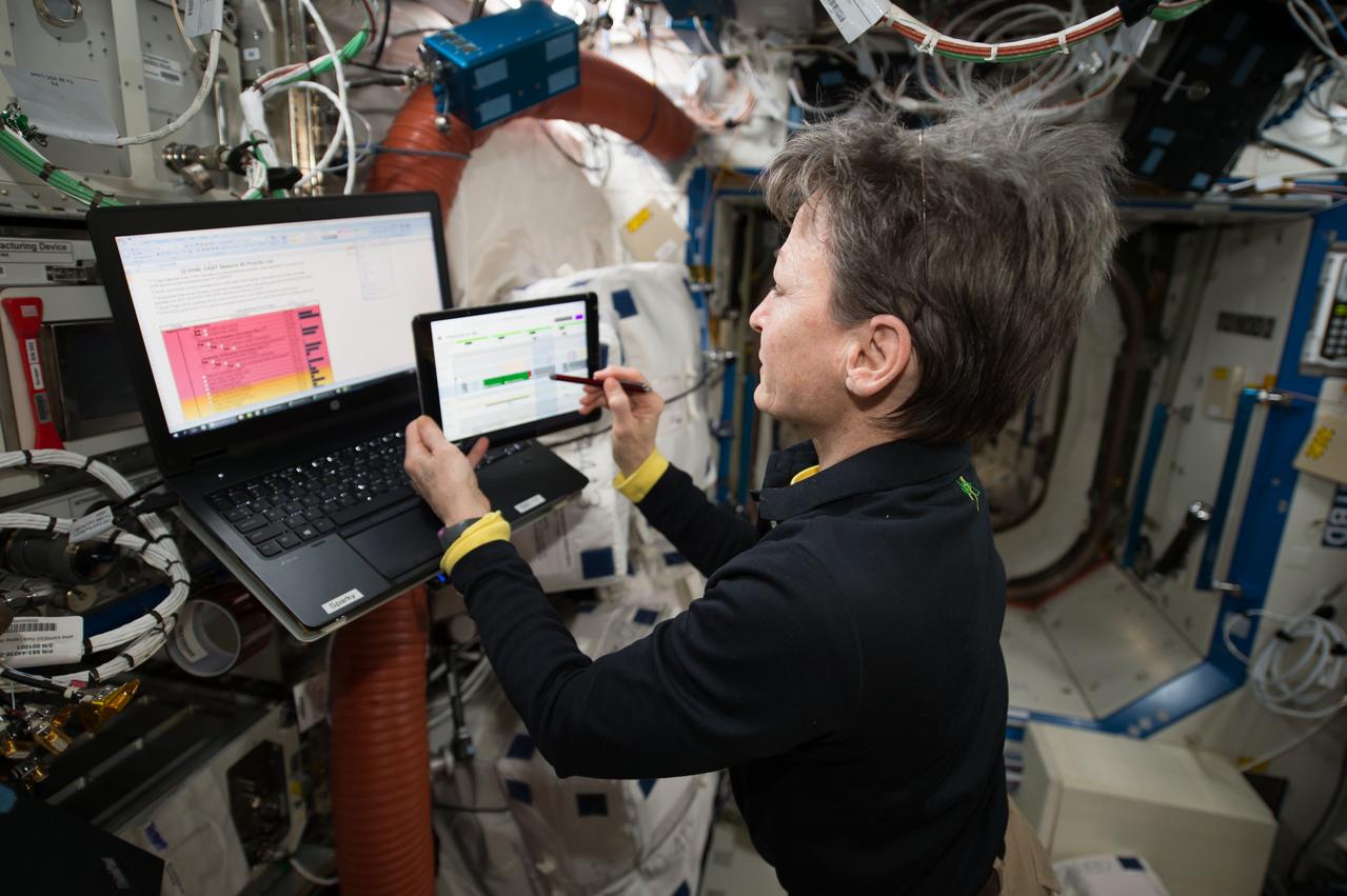 iss052e016214 (7/18/2017) --- NASA astronaut Peggy Whitson completing the final of five Crew Autonomous Scheduleing test (CAS) sessions using an iPad to schedule future work day. The CAST investigation analyzes whether crews can develop plans in a reasonable period of time with appropriate input, whether proximity of planners to the planned operations increases efficiency, and if crew members are more satisfied when given a role in plan development.