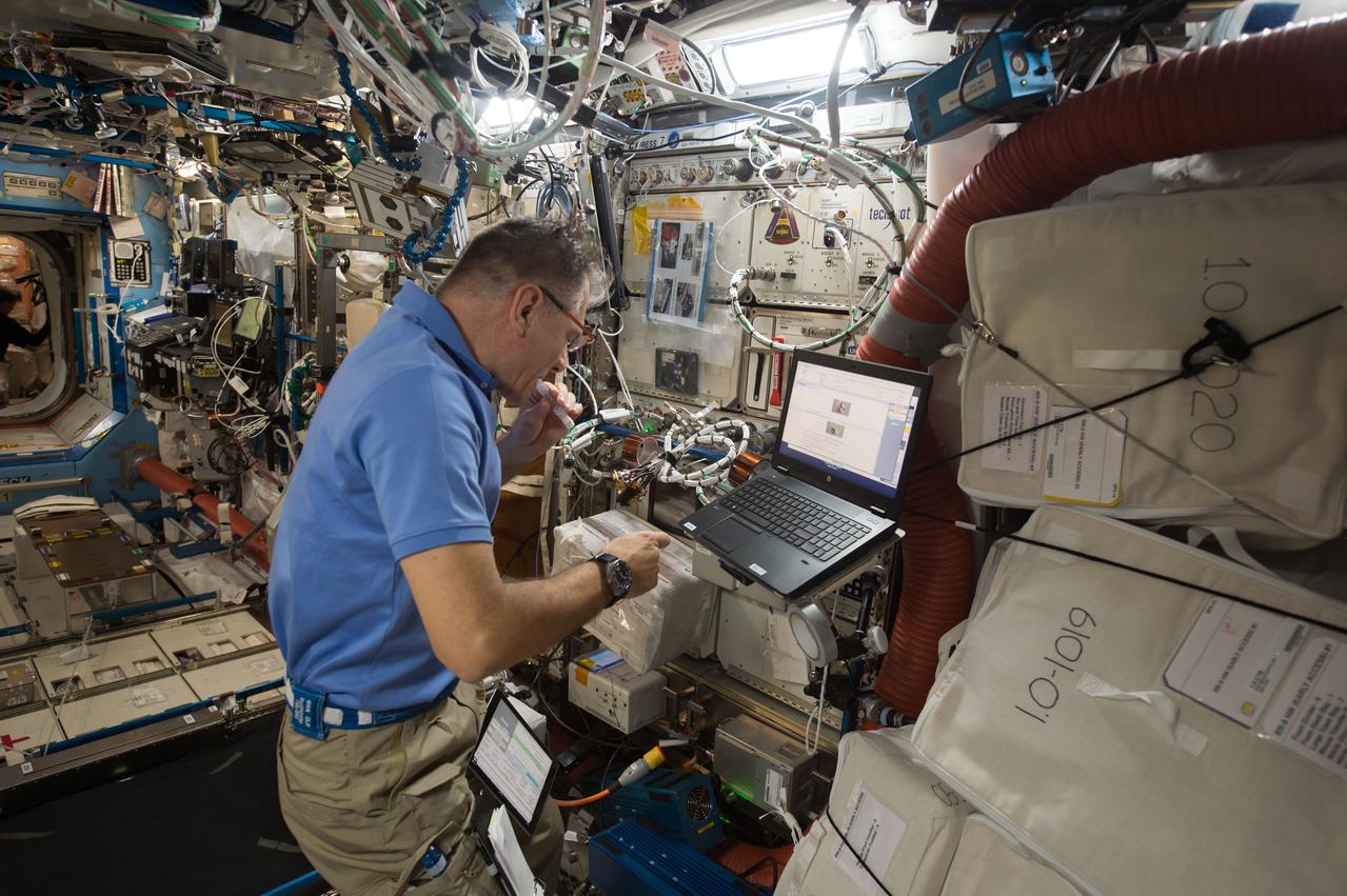 iss052e058815 (8/18/2017) --- European Space Agency (ESA) astronaut Paolo Nespoli collects and processes saliva samples in the bioanalyzer for the ISS Non-invasive Sample Investigation and Results Transmission to ground with the Utmost easiness (In Situ). Crew on the International Space Station (ISS) are continually monitored for health changes, and as part of these measurements, they take saliva samples that are stored and returned to Earth later. The ISS Non-invasive Sample Investigation and results Transmission to ground with the Utmost easiness (IN SITU) bioanalysis is a portable device that can check crew members’ saliva on board, enabling direct real-time analysis. The device’s first uses are to monitor stress levels and appetites among crew members