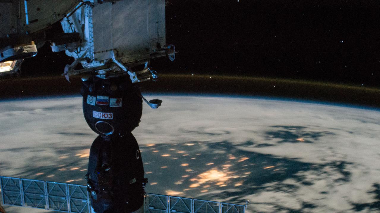 iss053e002946 (Sept. 6, 2017) --- The Soyuz MS-05 crew spacecraft is pictured docked to the Rassvet Mini-Research Module-1 as the International Space Station was orbiting above northern central China during a night pass.