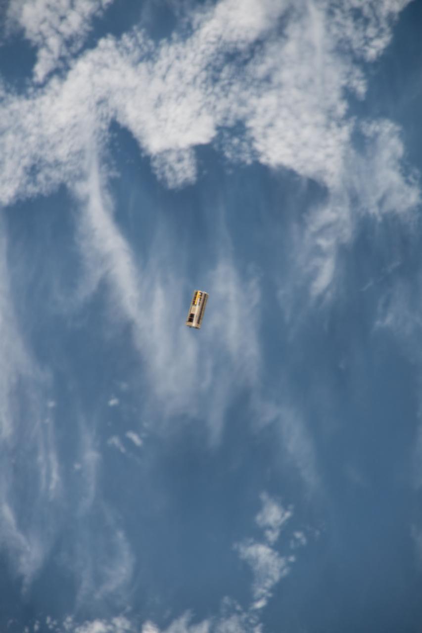 iss053e234625 (11/21/2017) --- A view of OSIRIS-3U Satellite Deployer Number 8 after deployment from the NanoRacks CubeSat Deployer Number 13. OSIRIS-3U is an integrated CubeSat that conducts measurements of the Earth’s ionosphere, in coordination with a ground-based astronomy observatory.