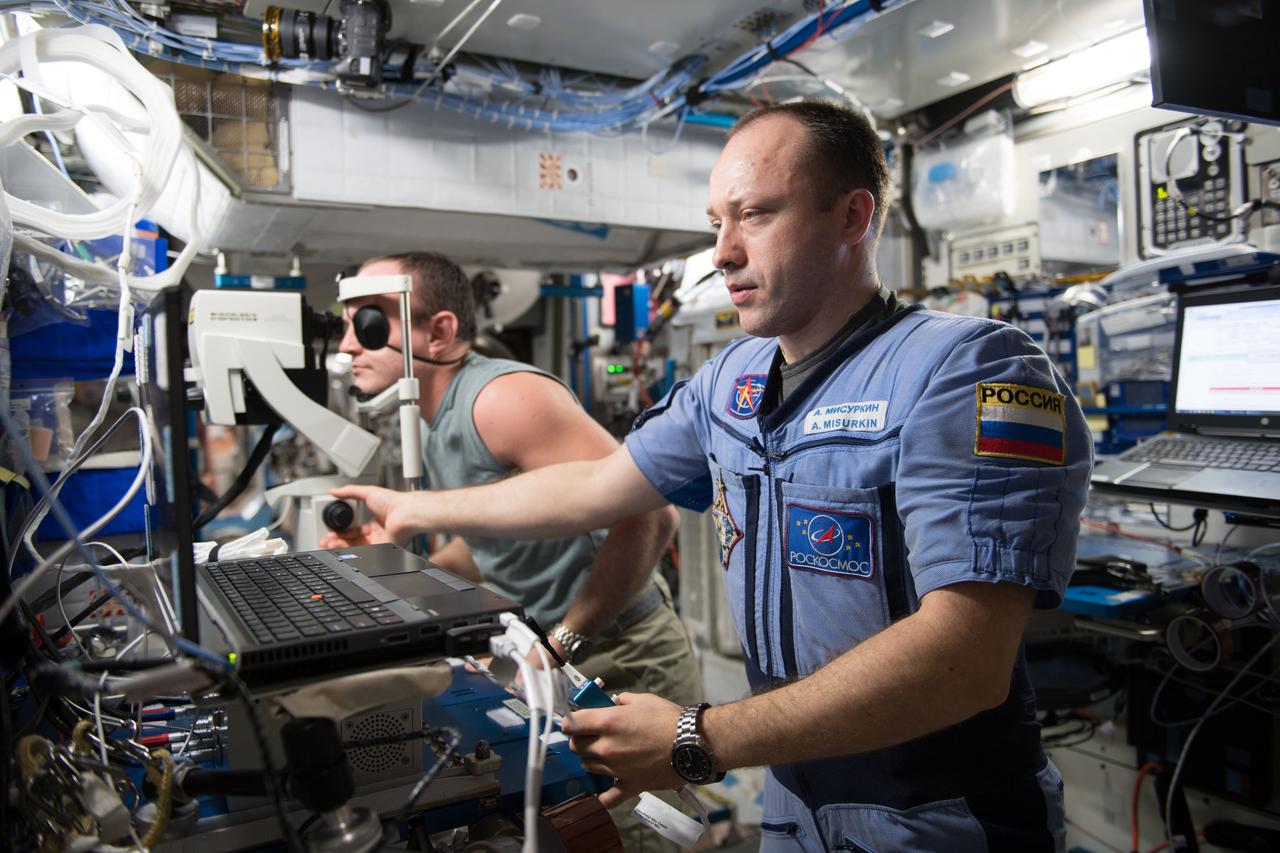iss053e238919 (Nov. 21, 2017) --- Cosmonauts Alexander Misurkin (foreground) and Sergey Ryazanskiy participate in a remotely guided eye exam with assistance from doctors on Earth using Optical Coherence Tomography gear. Misurkin was the Crew Medical Officer and Ryazanskiy was the subject helping doctors understand how living in microgravity impacts vision.