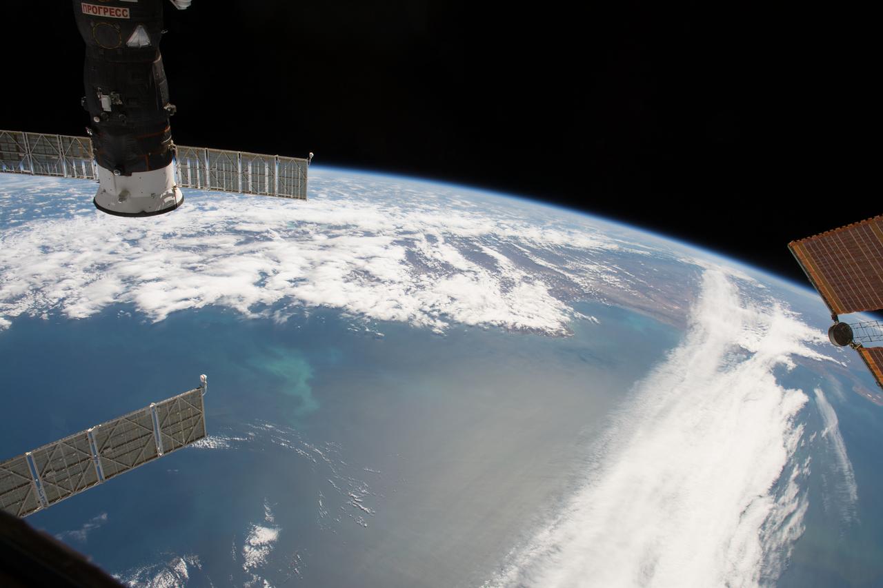 iss054e022072 (Jan. 12, 2018) --- The International Space Station orbits above the Falkland Islands off the coast of the southern-most portion of Argentina on the continent of South America. In the upper-right of the photograph is the docked Progress 68 cargo craft.