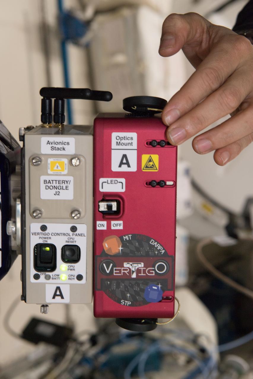 iss054e026580 (Jan. 31, 2018) --- Vertigo hardware used on Synchronized Position Hold, Engage, Reorient, Experimental Satellites (SPHERES) during a test run of Smoothing-Based Relative Navigation (SmoothNav). SPHERES is a self-contained, free-flying satellite to test autonomous capabilities and docking maneuvers within the International Space Station (ISS). SmoothNav software uses a unique computational method to estimate position and velocity in multi-satellite formations.